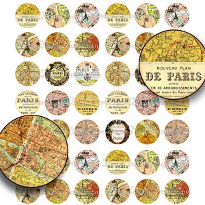 Paris Antique Maps, 1 inch Circles - Printable Vintage French Paris Map Download