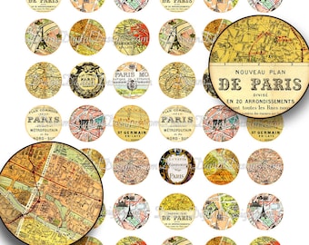 Paris Antique Maps, 1 inch Circles - Printable Vintage French Paris Map Download