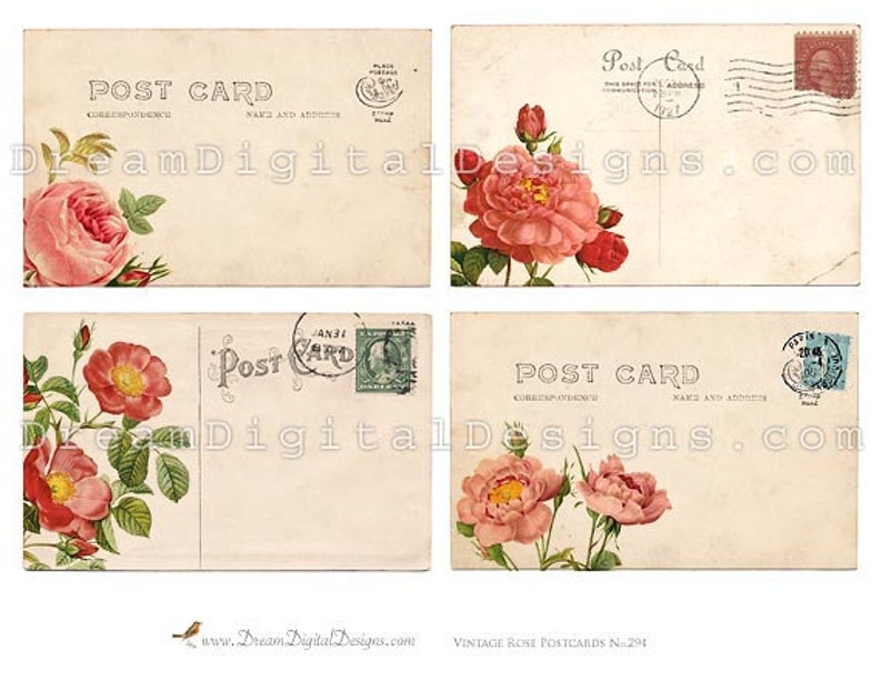 Printable Rose Vintage Postcards, Floral Digital Collage Sheet, Background Download image 2