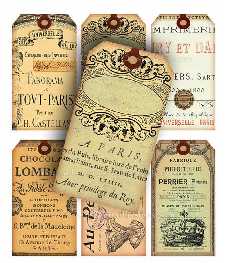 Paris Printable French Ephemera for Gift Tags, Junk Journal Papers or Price Tags. Paris Ephemera Tags Instant Download Collage Sheet image 1