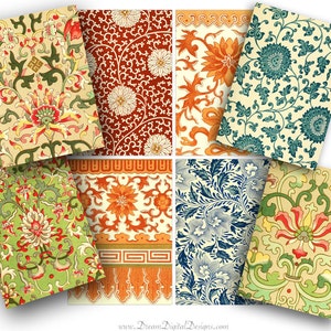 Op de afbeelding: Een digitaal papierpakket met acht verschillende patronen met bloemmotieven in tinten rood, oranje, blauw, groen en wit. De patronen zijn ge&iuml;nspireerd op traditionele Chinese en Japanse kunst.