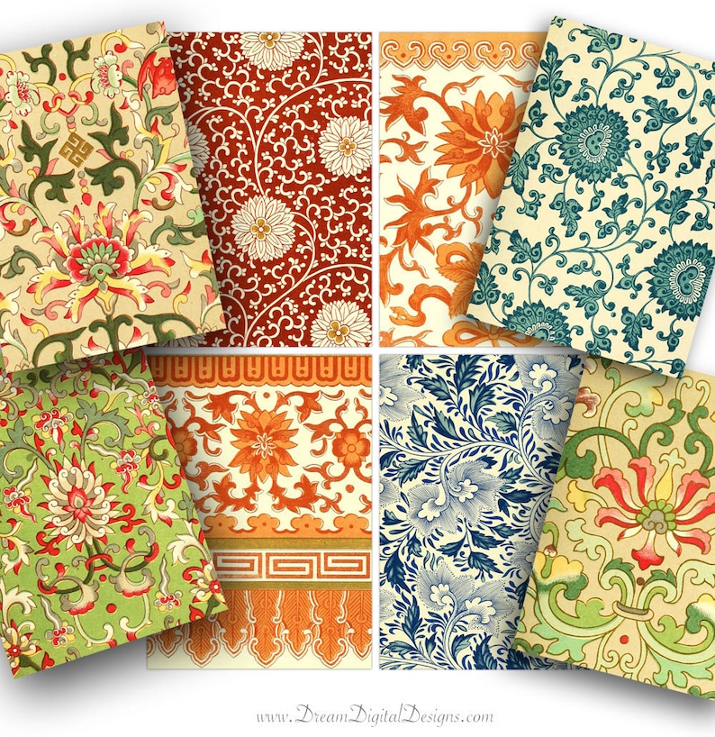 Op de afbeelding: Een digitaal papierpakket met acht verschillende patronen met bloemmotieven in tinten rood, oranje, blauw, groen en wit. De patronen zijn ge&iuml;nspireerd op traditionele Chinese en Japanse kunst.