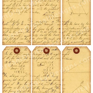 Könnte beinhalten: Vintage-Style bedruckbare Geschenkanhänger mit handschriftlichen Notizen und geometrischen Formen. Die Anhänger sind beige mit braunen Akzenten und weisen handschriftliche Notizen über Geometrie und Berechnungen auf. Die Anhänger sind perfekt, um Geschenken einen Vintage-Touch zu verleihen.