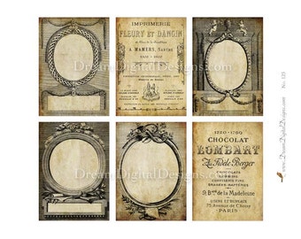 Etykiety Vintage Paris ATC, ramki cyfrowe, drukowane etykiety na prezenty, arkusz z cyfrowymi kolażami efemerycznymi do natychmiastowego pobrania