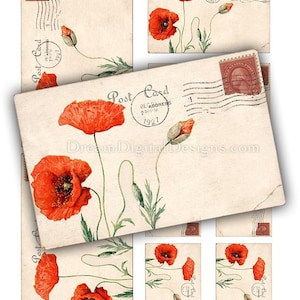 Mohnblumen druckbare Junk Journal Papier, botanische digitale Collage Bogen, rote Mohnblumen Vintage Ephemera Postkarten Instant Download
