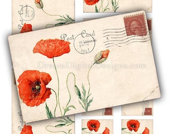 Poppy Flower Printable Junk Journal Paper, Botanical Digital Collage Sheet, Red Poppies Vintage Ephemera Postcards Instant Download