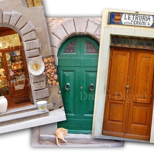 May include: Three doorways in a row, each with a unique style. The first doorway is arched and has a shop window filled with ceramic plates and other pottery. The second doorway is a double green door with a decorative metal design. The third doorway is a double wooden door with a sign above that reads "L'Etruria art e ceramica".
