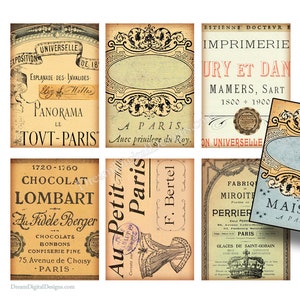 Paris Printable Ephemera, Tags, French Vintage Text, Digital collage Sheet, Paris Gift Tags