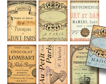 Paris Printable Ephemera, Tags, French Vintage Text, Digital collage Sheet, Paris Gift Tags