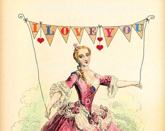 Do druku etykieta na prezent walentynkowy, zestaw Vintage Lady i I Love You na kartkę walentynkową, arkusz kolażu, cyfrowy papier do dziennika do pobrania