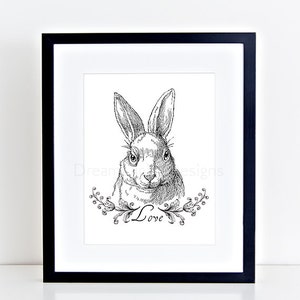 Bunny Love Printable Art, Instant Download, Nursery Art, Wall Decor, Black & White, Rabbit Illustration image 2