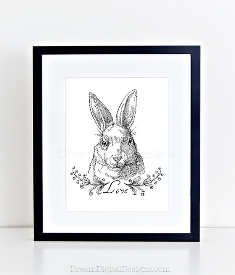 Bunny Love Printable Art, Instant Download, Nursery Art, Wall Decor, Black & White, Rabbit Illustration image 2