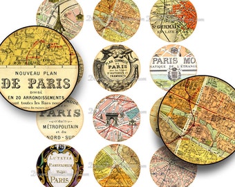 Mapa Paryża 2 cale koła, Vintage Paris do druku, arkusz kolażu Junk Journal, francuskie zabytkowe efemerydy