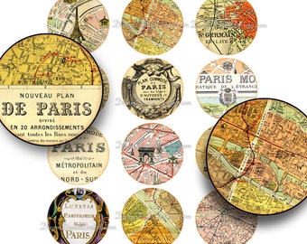 Paris Map 2 inch Circles, Vintage Paris Printable Download, Junk Journal Collage Sheet, French Vintage Ephemera