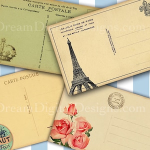 Partes traseiras de cartão postal de Paris, folha de colagem imprimível para etiquetas de scrapbooking vintage francês