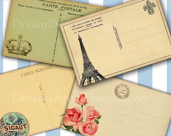 Paris Postcard backs, Junk Journal Printable Collage Sheet for Tags Scrapbooking Vintage French