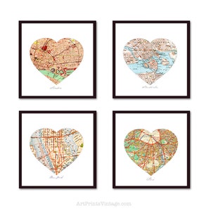 Heart Map Art Set of Four Personalized Map Prints Custom Wedding Anniversary Gift, Unique Paper First Anniversary Gift, Map Wall Decor image 2