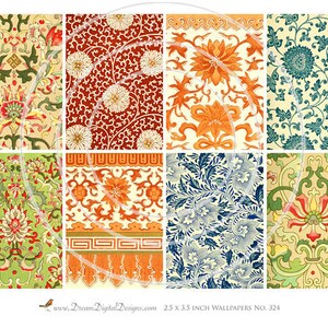 Op de afbeelding: Acht digitale, afdrukbare behangontwerpen met ingewikkelde bloemmotieven in verschillende kleuren, waaronder rood, oranje, geel, groen, blauw en wit. De ontwerpen zijn gerangschikt in een raster van vier rijen en twee kolommen. Elk ontwerp is 2,5 x 3,5 inch.