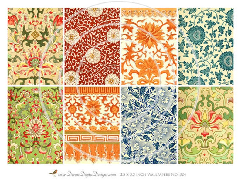 Op de afbeelding: Acht digitale, afdrukbare behangontwerpen met ingewikkelde bloemmotieven in verschillende kleuren, waaronder rood, oranje, geel, groen, blauw en wit. De ontwerpen zijn gerangschikt in een raster van vier rijen en twee kolommen. Elk ontwerp is 2,5 x 3,5 inch.