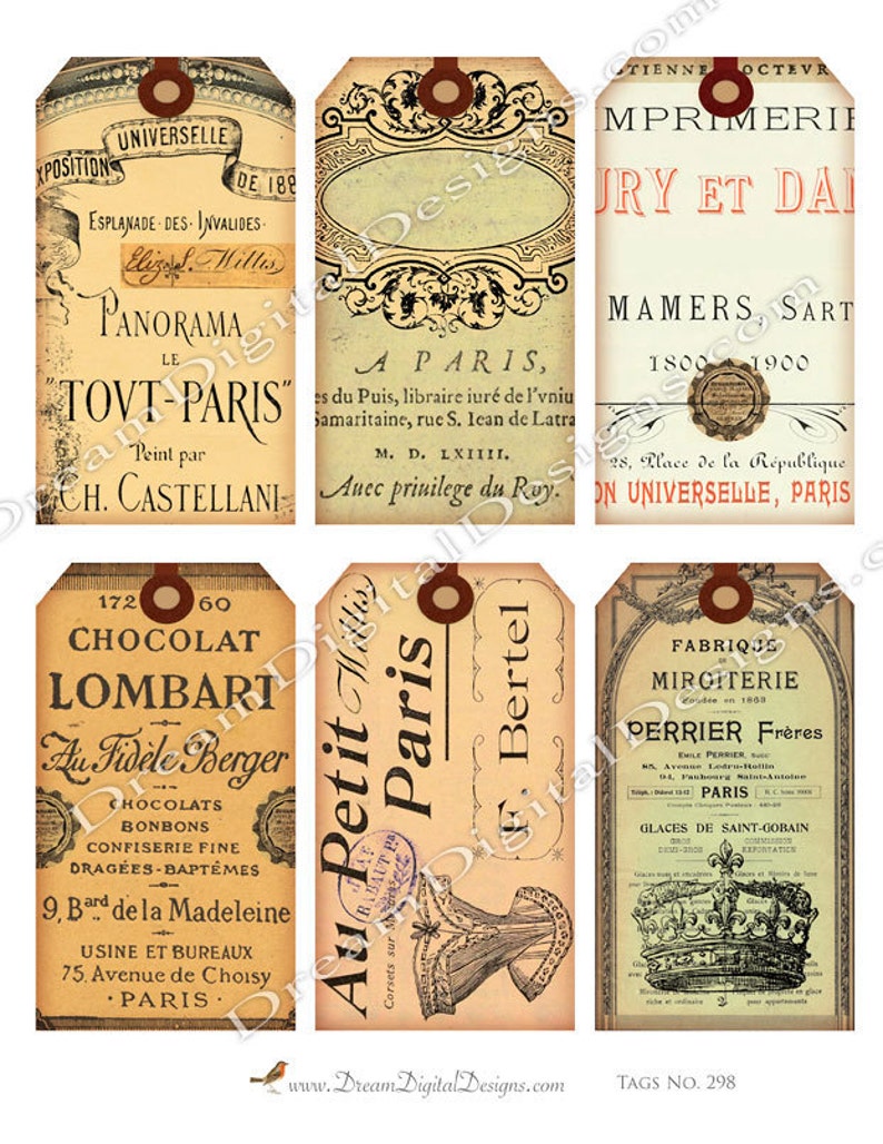 Paris Printable French Ephemera for Gift Tags, Junk Journal Papers or Price Tags. Paris Ephemera Tags Instant Download Collage Sheet image 3