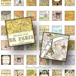 Mapa de París 1 x 1, plazas para imprimir, mapas de la hoja, Francia del Collage Digital, para imprimir descargar
