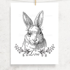 Bunny Love Printable Art, Instant Download, Nursery Art, Wall Decor, Black & White, Rabbit Illustration image 1