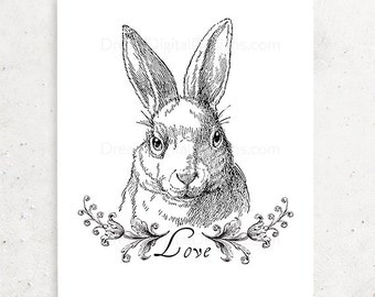 Bunny Love Printable Art, Instant Download, Nursery Art, Wall Decor, Black & White, Rabbit Illustration