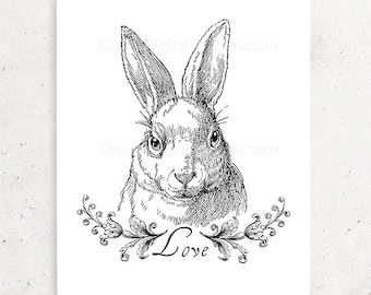 Bunny Love Printable Art, Instant Download, Nursery Art, Wall Decor, Black & White, Rabbit Illustration