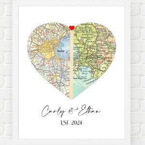 Custom Heart Map for Couples, Personalized Bridal Shower Gift, Paper Anniversary, Engagement Gift, 2 City Map Wall Art Print