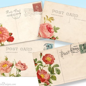 Printable Rose Vintage Postcards, Floral Digital Collage Sheet, Background Download image 1