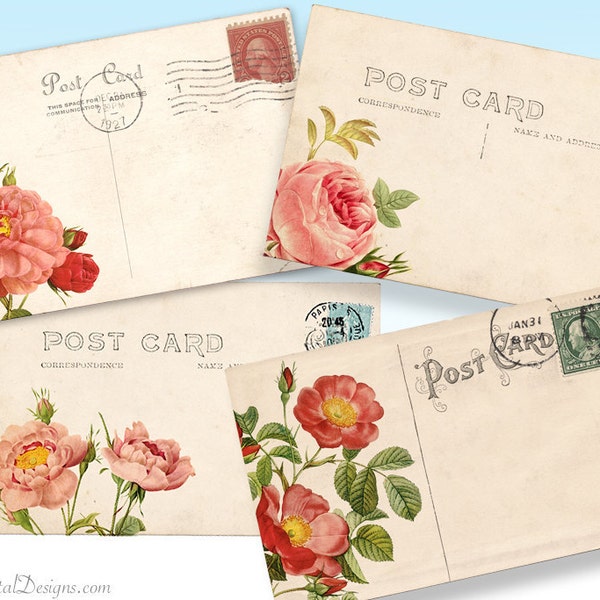 Printable Rose Vintage Postcards, Floral Digital Collage Sheet, Background Download