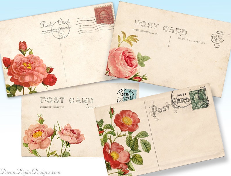 Printable Rose Vintage Postcards, Floral Digital Collage Sheet, Background Download image 1