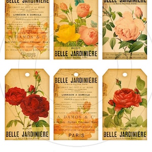 Botanical Gift Tags, Rose Collage Sheet, Printable Tags, Aged Paper and Flower Labels