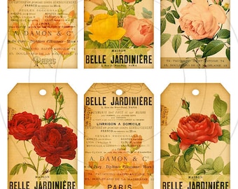 Botanical Gift Tags, Rose Collage Sheet, Printable Tags, Aged Paper and Flower Labels