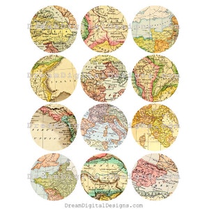 May include: Twelve vintage map illustrations in a circle design. Each circle features a different map of a region of Europe, with a yellowed paper background and faded ink.