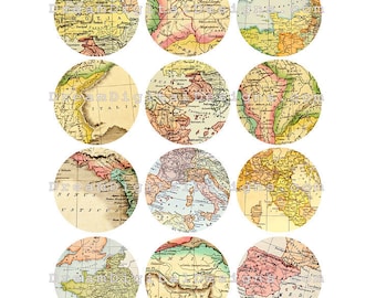 Digital World Maps, 2.5 inch Circles, Collage Sheet, Vintage Maps, Digital Round Printable Images