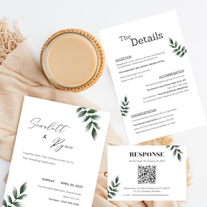 Conjunto de convites de casamento minimalistas - modelo de convite de casamento minimalista, cartão de RSVP, cartão de detalhes, download instantâneo, modelo do Canva.