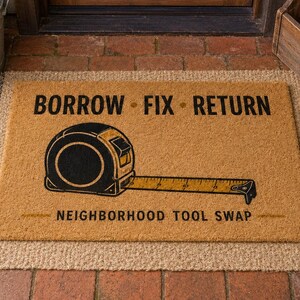 Op de afbeelding: Een rechthoekige, beige kokosmat met een zwarte afbeelding van een meetlint en de tekst BORROW FIX RETURN en NEIGHBORHOOD TOOL SWAP in zwarte inkt. De mat ligt op een stenen ondergrond voor een houten deur.