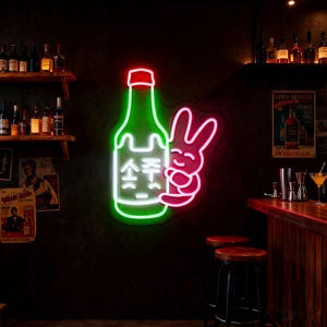 Korean Soju Neon Sign,Cute Bunny Neon Sign,Rabbit Neon,Bar LED Sign,Beer Lights Sign,Korean Restaurant Bar Shop Decor,Gift for Soju Lover