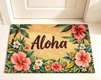 Wycieraczka Aloha Tropical Hibiscus, hawajska wycieraczka powitalna, mata wejściowa Boho Beach, wycieraczka Aloha Floral, wycieraczka Tropical Palm Tree