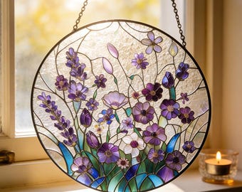 May include: A round stained glass window hanging with a floral design. The flowers are in shades of purple, lavender, and white, with green and blue accents. The window is framed in black and hangs from a chain.