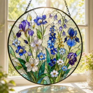 May include: A circular stained glass suncatcher featuring a vibrant floral arrangement with blue irises, white blossoms, and bell-shaped flowers. The design includes green leaves and stems set against a textured, translucent glass background.