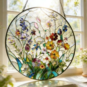 Op de afbeelding: Een rond gebrandschilderd glazen raam met een bloemenontwerp. Het raam toont kleurrijke bloemen in tinten geel, oranje, rood, paars en blauw, tegen een getextureerde, doorschijnende achtergrond. Een zwart metalen frame en ketting maken het af.