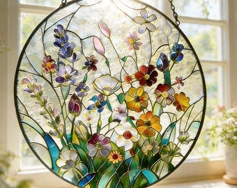 May include: A round stained glass window with a floral design. The window features colorful flowers in shades of yellow, orange, red, purple, and blue, set against a textured, translucent background. A black metal frame and chain complete the piece.