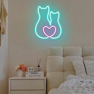 Couple Cats Hearts Neon Sign,Cat Lovers Sign,Cute Cat Table Light,Kid‘s’ Room Wall Light,Valentine&#39;s Day Gift,Cat Line Art,Cute Cat Led Sign