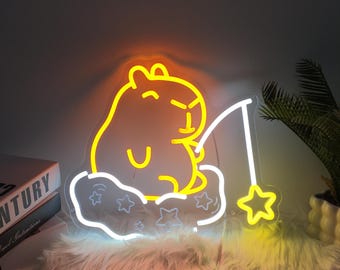 Capybara Neon Fishing for Stars,Cute Capybara Neon Sign,Capibara Nn The Clouds,Led Neon Stars,Clouds Neon Sign,Animal Neon Sign,Capy Lovers