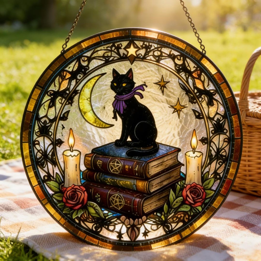 Witchy Black Cat Stained Glass Suncatcher,moon and Spell Books Window ...