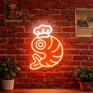 Cute Shrimp Chef Neon Sign,Shrimp Chef Led Sign,Neon Seafood Sign,Marine Food Store Restaurant Led Sign,Sea Animal Neon Light,Kitchen Decor