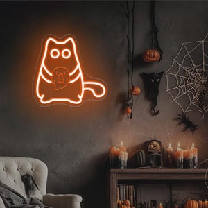 Chubby Cat Holding A Ghost Neon Sign,Halloween Kitty LED Night Light,Cute Cat Decor,Spooky Ghost Neon Sign,Terrified Ghost Neon Light