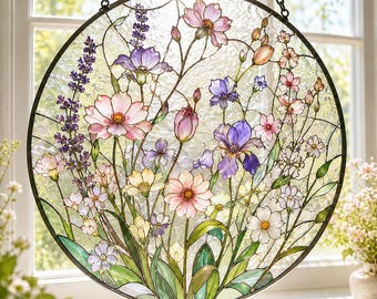 Pastel Flower Suncatcher, Stained Glass Style Window Hanging, Floral Sun Catcher, Botanical Garden Gift, Spring Decor